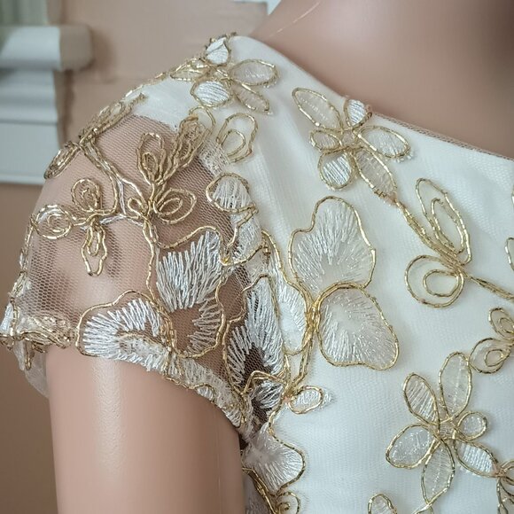 Rare Too Ivory Gold Beaded Dress 8 Formal Tulle with Cap Sleeves & Tan Sweater - Picture 4 of 12